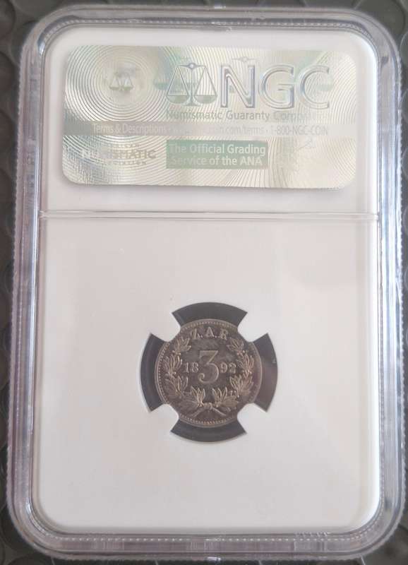 1892 ZAR Kruger Silver Proof 3 Pence NGC - NGC Graded PF63
