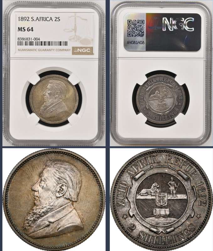 *1892 ZAR Kruger 2 Shillings NGC Graded MS64