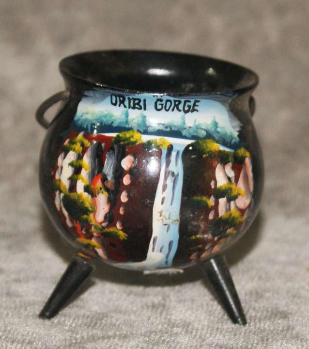 Vintage hand painted miniature "Oribi Gorge" enamel potjie pot