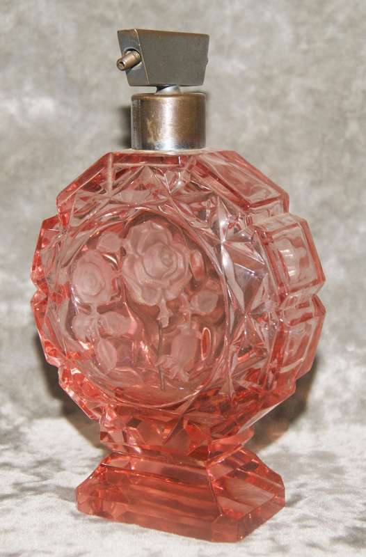 Art Deco hand cut pink glass perfume bottle with rose motif