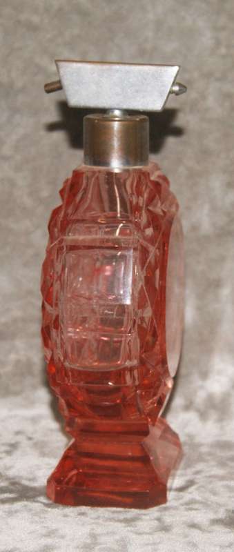Art Deco hand cut pink glass perfume bottle with rose motif