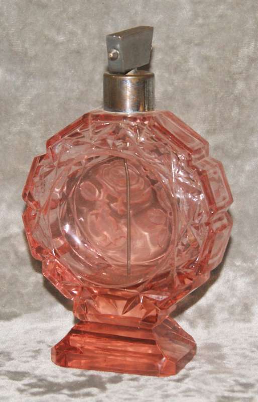 Art Deco hand cut pink glass perfume bottle with rose motif