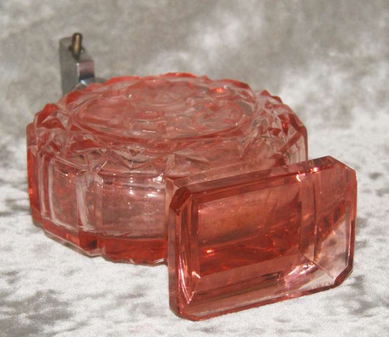 Art Deco hand cut pink glass perfume bottle with rose motif