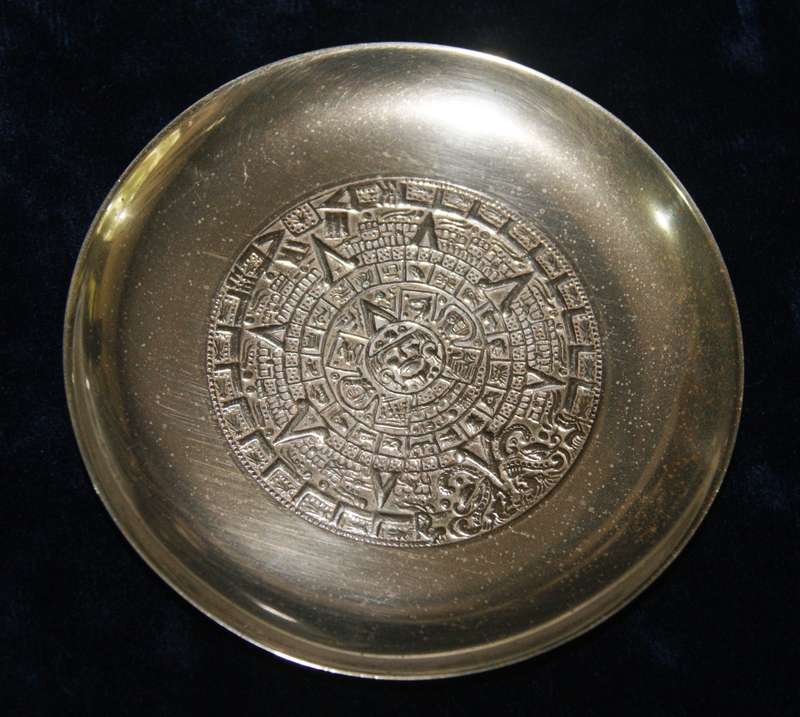 Vintage Mexican silver Aztec Calendar pin dish