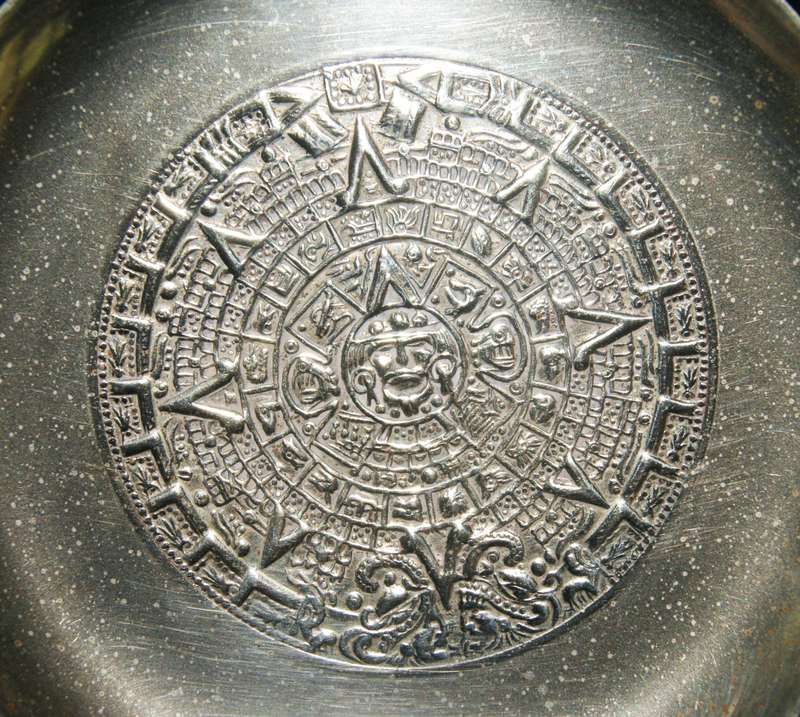 Vintage Mexican silver Aztec Calendar pin dish