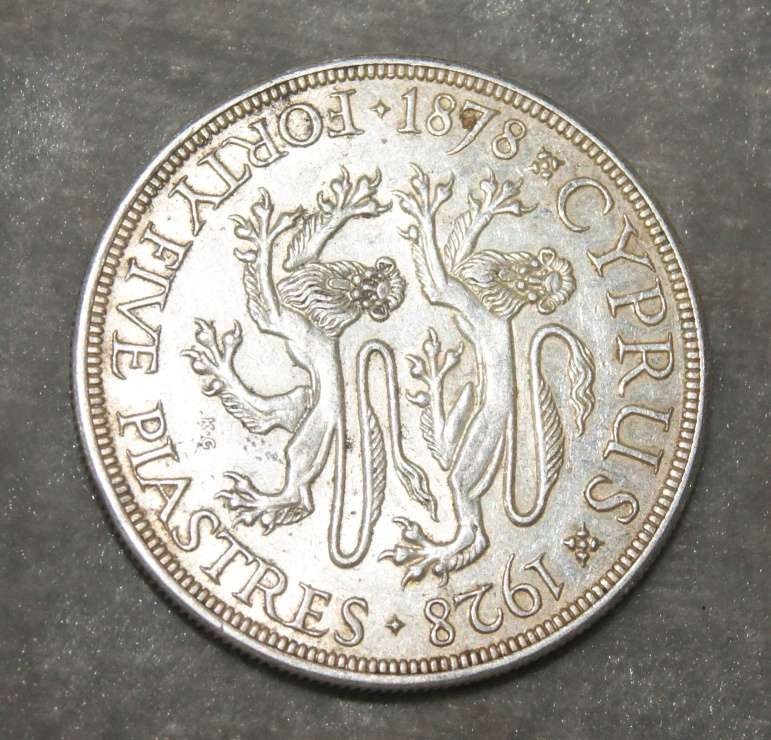 1928 Cyprus 45 Piastres King George 92.5% silver AU
