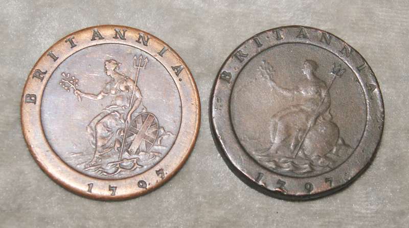 George III Cartwheel Penny 1797 11 Leaf variant with Van Riebeeck replica