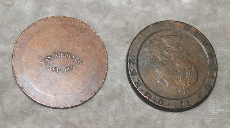 George III Cartwheel Penny 1797 11 Leaf variant with Van Riebeeck replica