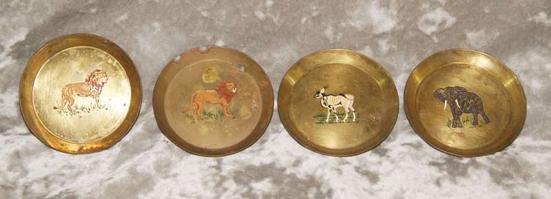 Set of 4 enameled brass coasters featuring African animals