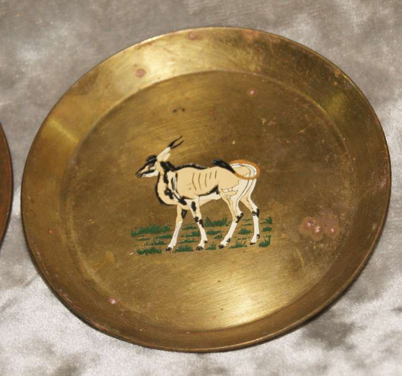 Set of 4 enameled brass coasters featuring African animals
