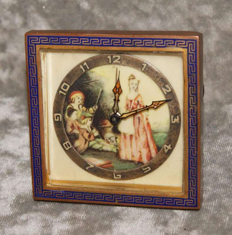 Antique table clock brass and enamel case with hand painted face (untested)