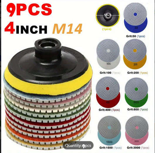 9pcs 4 Inch Diamond Polishing Pads Set Wet Dry Polishing Pad Kit, 50 to 3000.