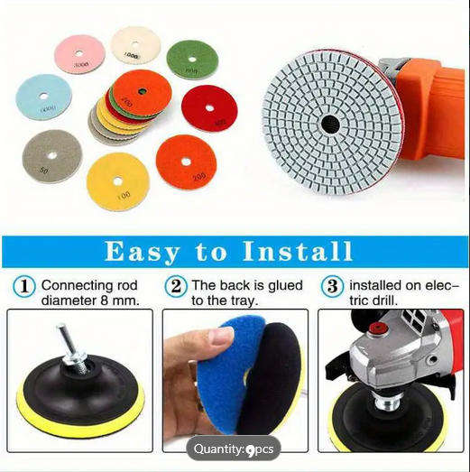 9pcs 4 Inch Diamond Polishing Pads Set Wet Dry Polishing Pad Kit, 50 to 3000.