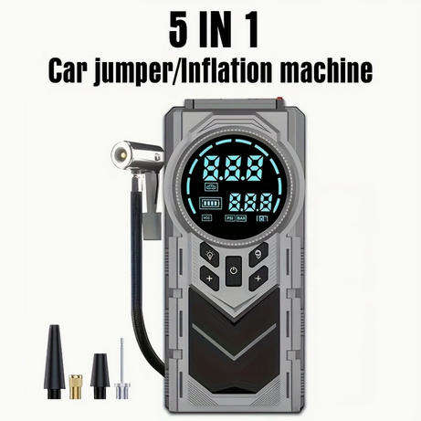5-in-1 Portable Car Jumper & Tire Inflator Kit  Jumpstart Your Ride. Inflate. Power. Light. Charge