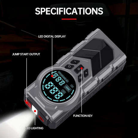 5-in-1 Portable Car Jumper & Tire Inflator Kit  Jumpstart Your Ride. Inflate. Power. Light. Charge