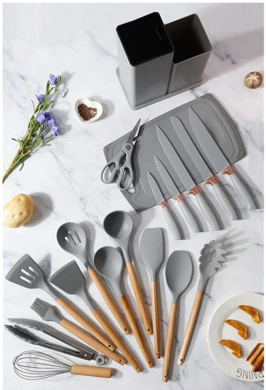 19 Pieces Knife & Spoon Set Silicone Kitchenware Kit With Storage Rack
