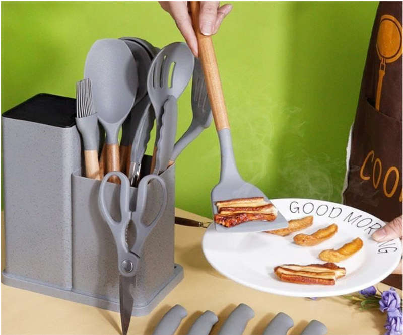 19 Pieces Knife & Spoon Set Silicone Kitchenware Kit With Storage Rack