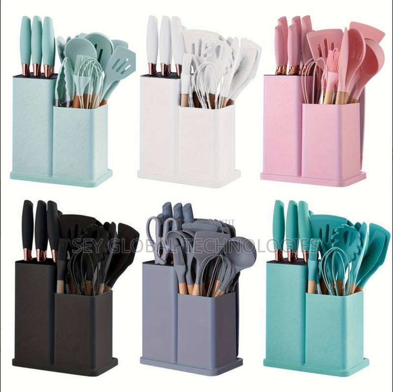 19 Pieces Knife & Spoon Set Silicone Kitchenware Kit With Storage Rack