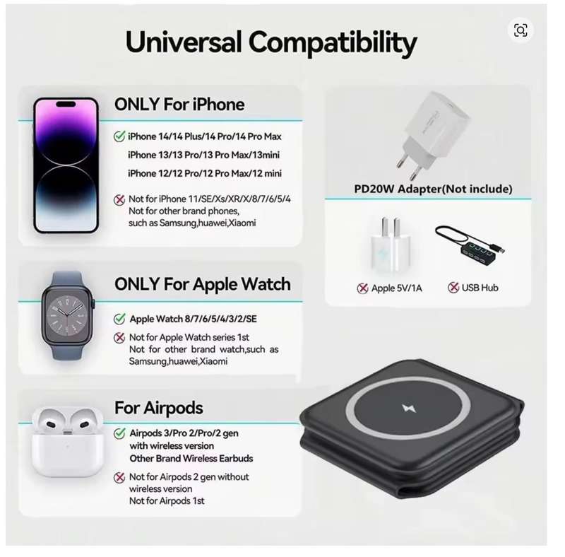 3 in 1 Magnetic Wireless Charger Pad for iPhone 15 14 13 12 Pro Max Apple Watch 9 8 AirPods Chargers