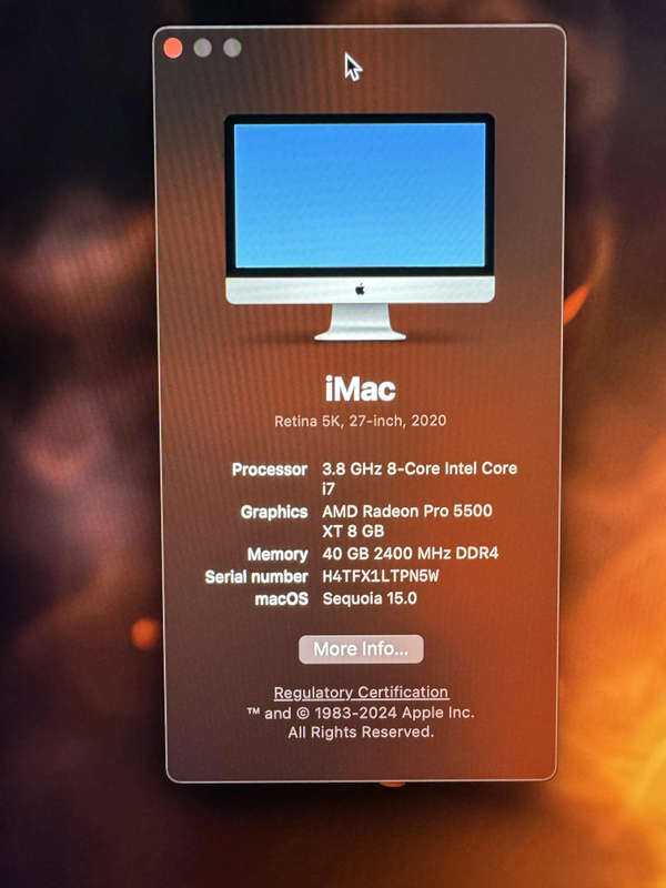 2020 Apple IMac 27 inches Retina 5K Display Quad Core i7 3.8Ghz 40GB RAM Memory 1TB SSD Storage
