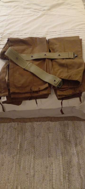 SADF OLD "BROWNS" BATTLE PANTS WITH A WEB BELT.