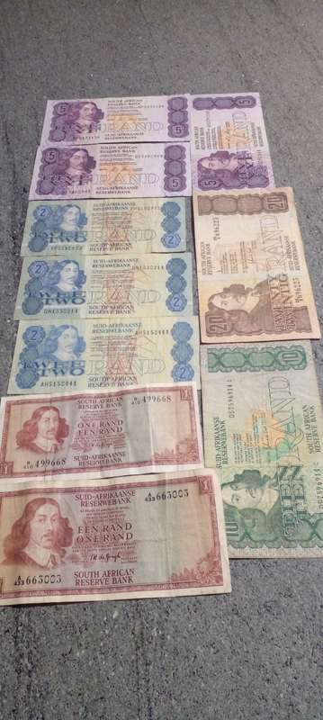 VARIOUS RSA BANK NOTES OF VARIOUS DENOMINATIONS AND DATES. NICE TO MAKE UP TYPE SETS.