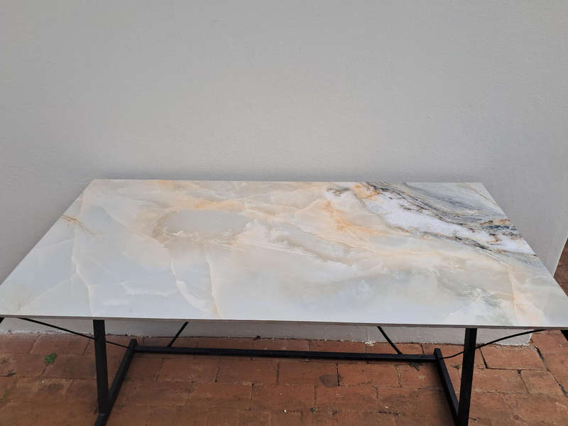 Gorgeous faux marble and black steel console / entrance table