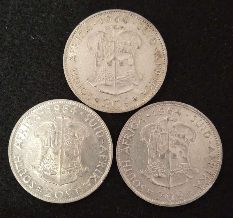 1964 Union 20 cents (x3) Bid is for the lot.