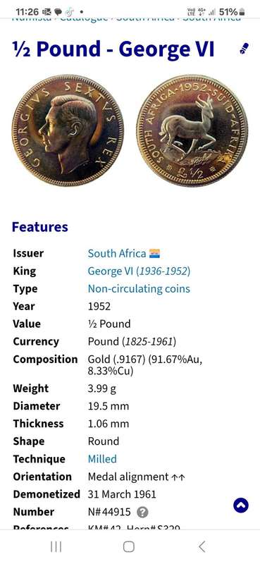 Stunning 1952 Gold ½ Pound - #76 on Numista rarity scale!