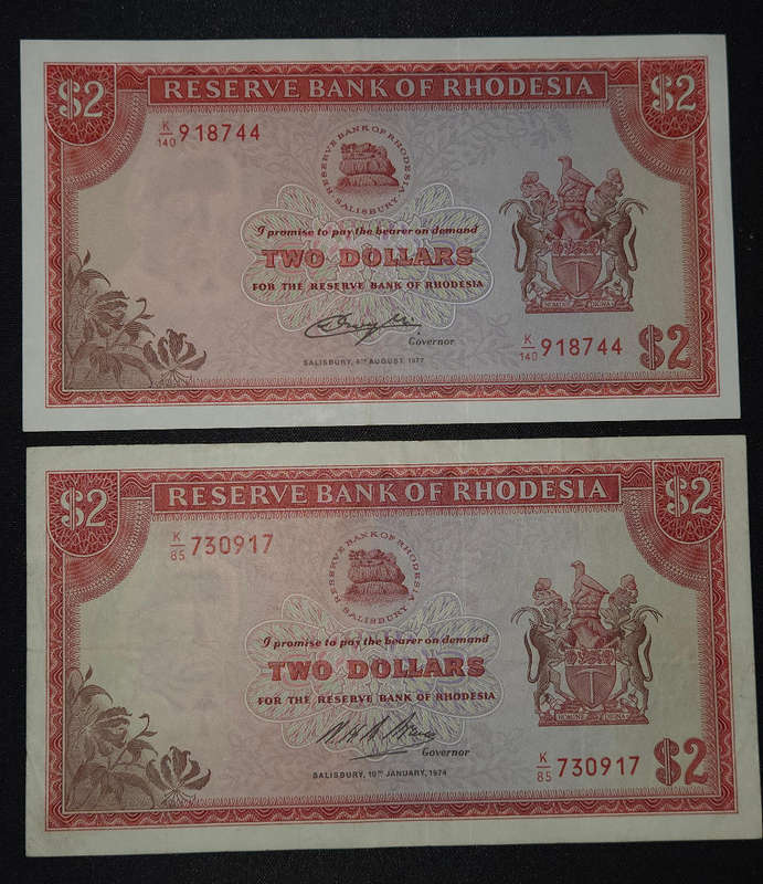 Rhodesia $2 Banknotes, Beautiful condition.