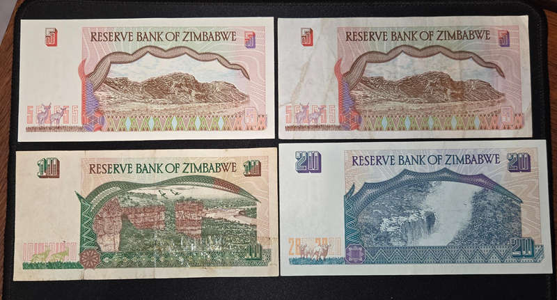 Zimbabwe Banknotes - 2 x $5, $10 & $20.