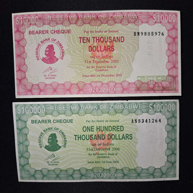 Zimbabwe banknotes - Ten Thousand & One Hundred Thousand Dollars in uncirculated condition.