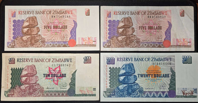 Zimbabwe Banknotes - 2 x $5, $10 & $20.