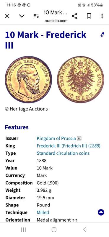 1888 German 10 Mark Gold Coin - MS66
