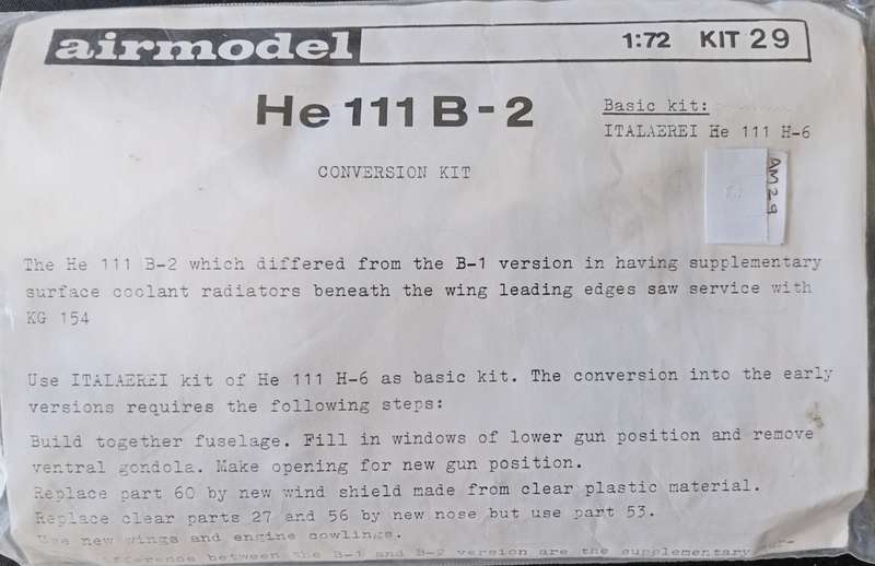 Airmodel, Heinkel He 111B-2 Conversion Kit Vacuform AM029 1/72 Scale