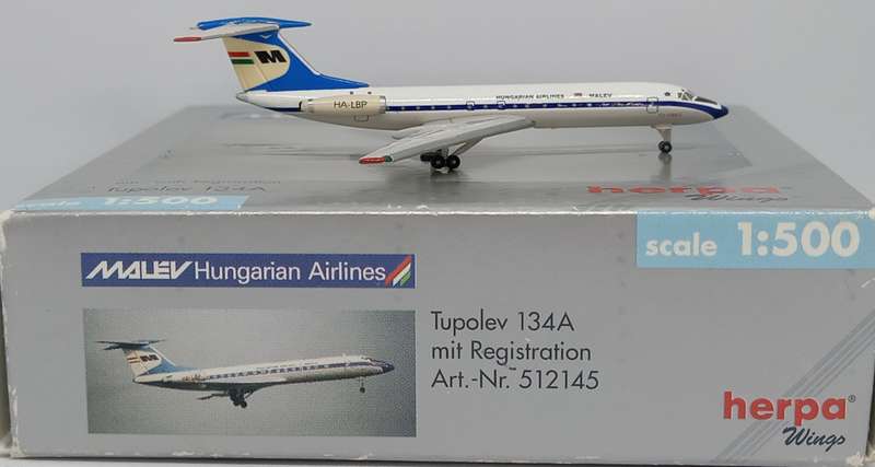 Herpa Wings, Malev Hungarian Airlines, Tupolev 134A, Reg. HA-LBP, 512145, 1,500 Scale