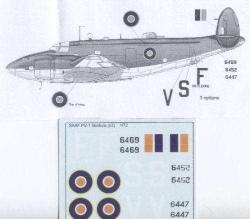 MAV Decals, MAV720111,  SAAF PV-1 Ventura Decals,  1/72 Scale