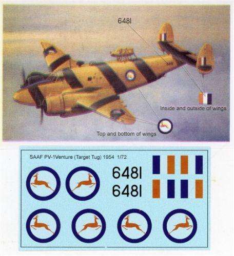 MAV Decals,  SAAF PV-1 Venture (Target Tug) 195 Decals, 1/72 Scale
