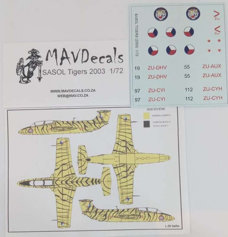 MAV Decals, MAV720139,  Sasol Tigers 2003, L-29 Delfin Decals,  1/72 Scale