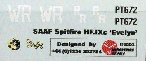 Whirlybird Decals, WB7201,  SAAF Spitfire HF.IXc "Evelyn",  1/72 Scale