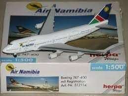 Herpa Wings, Air Namibia First Class World Class Boeing 747-400 scale 1:500 Airplane Model