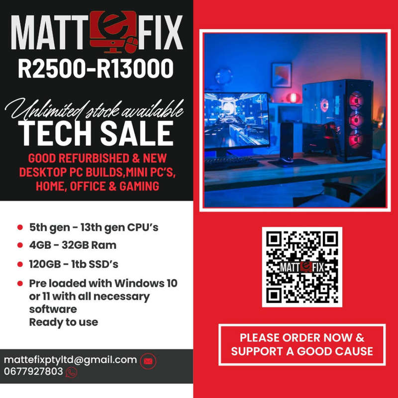 Laptops or PC's for sale from R3500. R4000 gets you an i5 - i7 6th gen or newer,8gb ram, and ssd