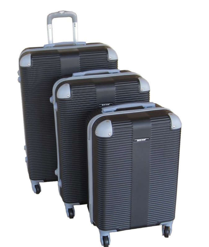 3 Piece Hard Outer Shell Luggage Set - Black Plastic Reinforced Edges READ DESCRIPTION