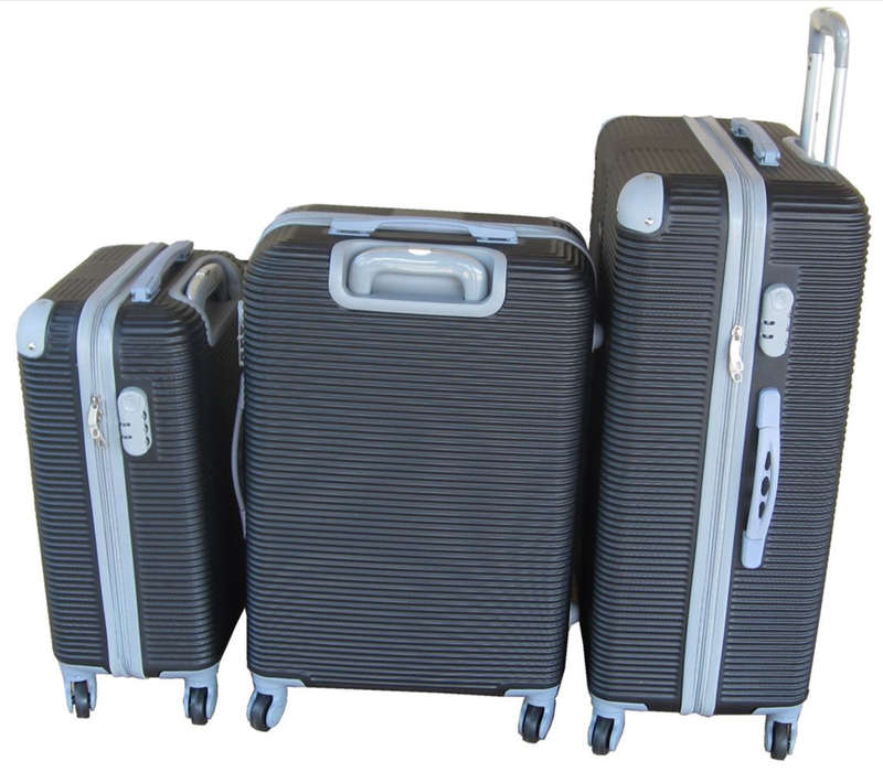 3 Piece Hard Outer Shell Luggage Set - Black Plastic Reinforced Edges READ DESCRIPTION