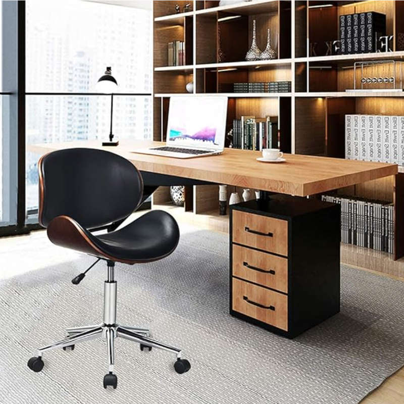 Stylish Wooden and PU Leather Office Desk Chairs - Black