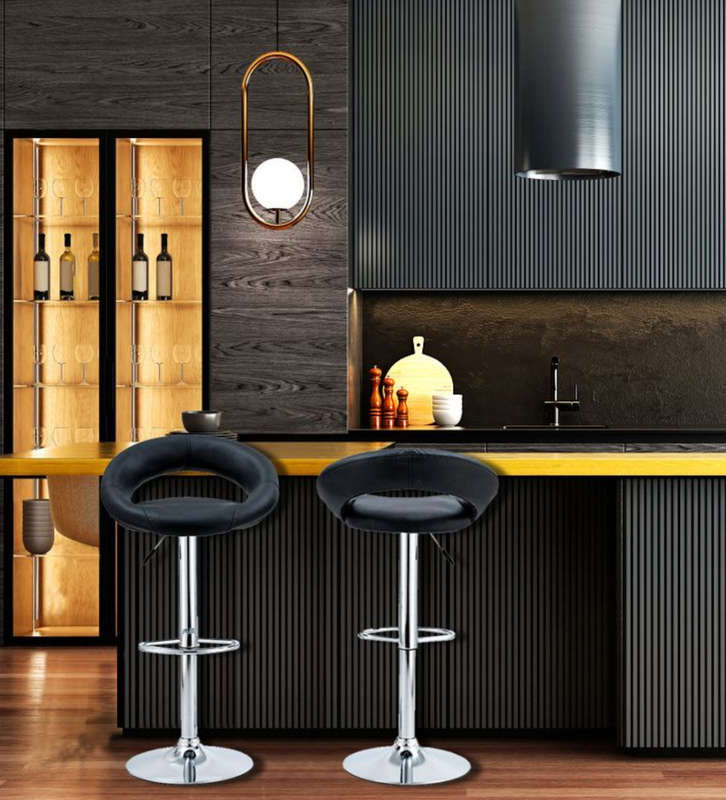 Set of 2 Modern Bar Stools PU Leather Kitchen Chairs - Black NEW