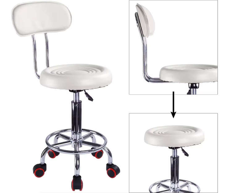 Stylist Modern Round Salon Stool with Adjustable Height and Back Rest - White Demo/Display