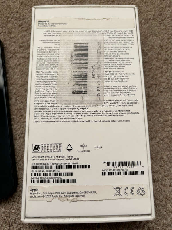 Apple iPhone 14 128gb 6gb ram dual sim with box and cable