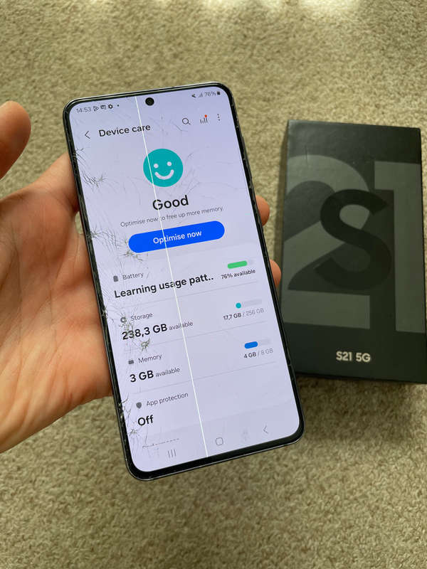 Samsung S21 5G 256gb 8gb ram Dual SIM phantom grey with box and cover cracked screen