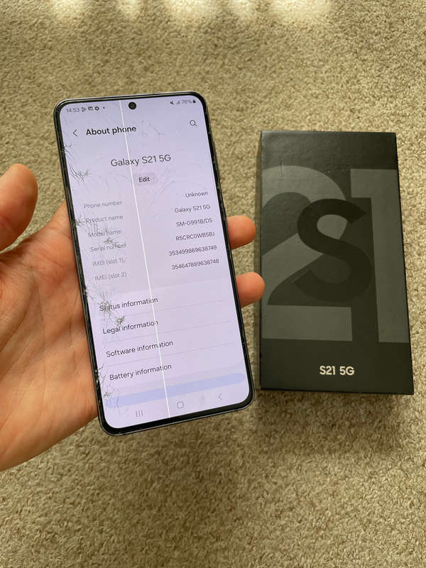 Samsung S21 5G 256gb 8gb ram Dual SIM phantom grey with box and cover cracked screen